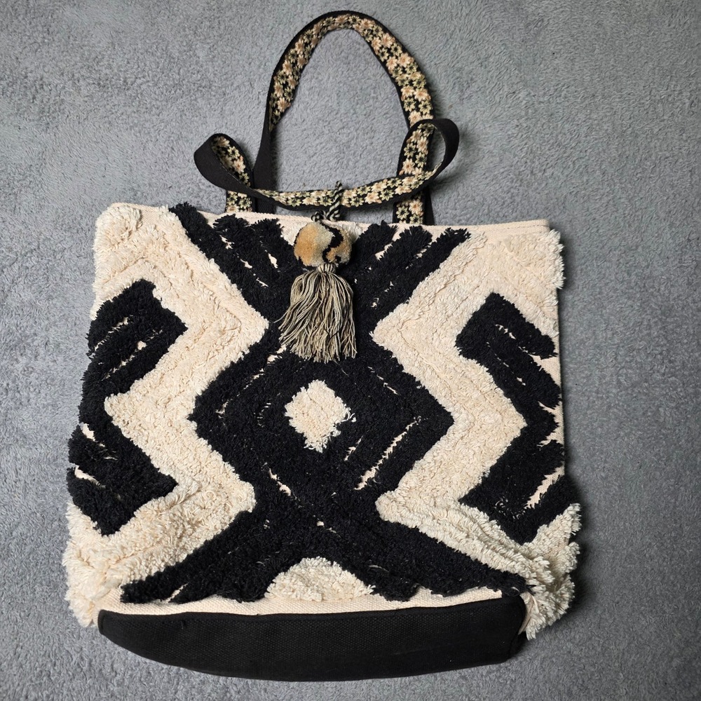 Panache Womens Large Tote Bag Black Cream Geometric Tufted Boho Tassel Floral